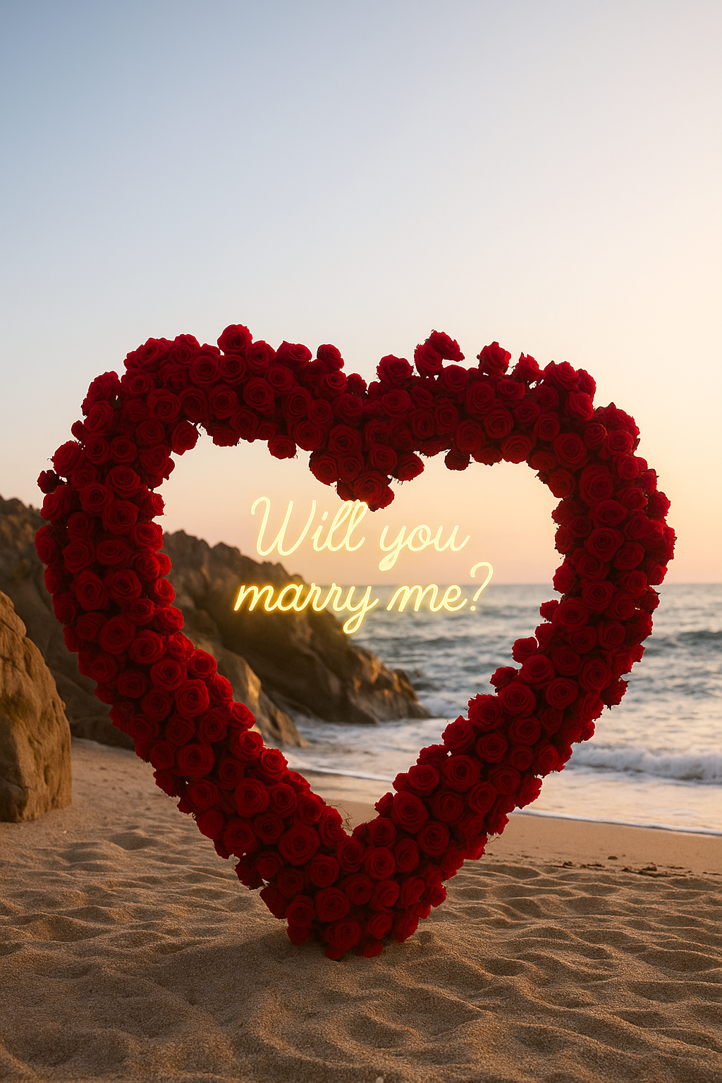 scarlet love package, big red heart with red roses with sign will you marry me?