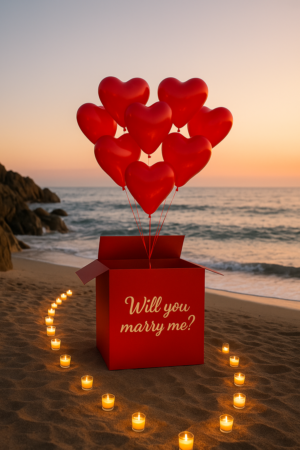 suprise box with red heart baloons