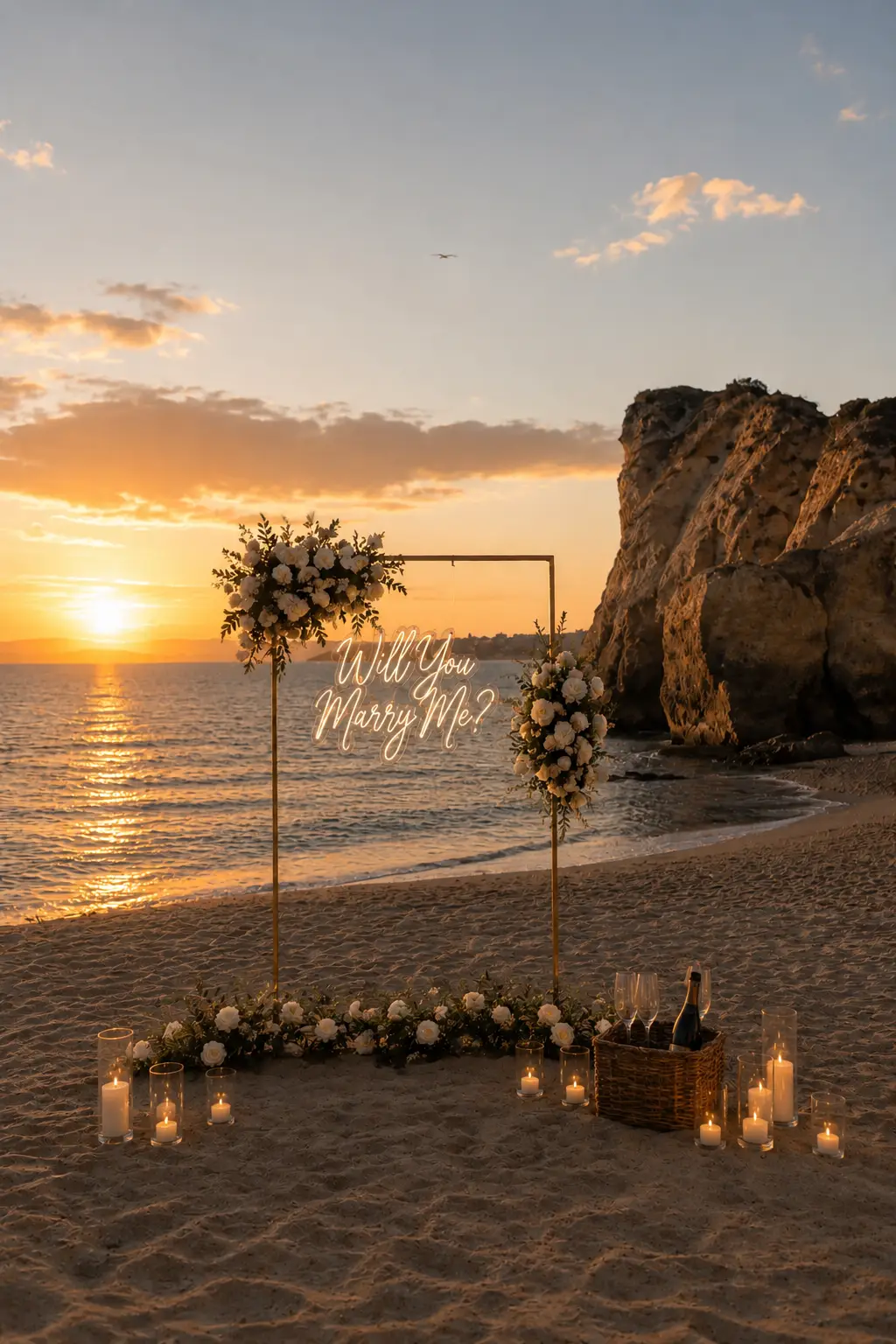 white proposal arch, beach marriage proposal, luxury engagement setup, romantic proposal décor, sunset proposal inspiration, elegant wedding proposal arch, candles and flowers proposal, private beach engagement.
