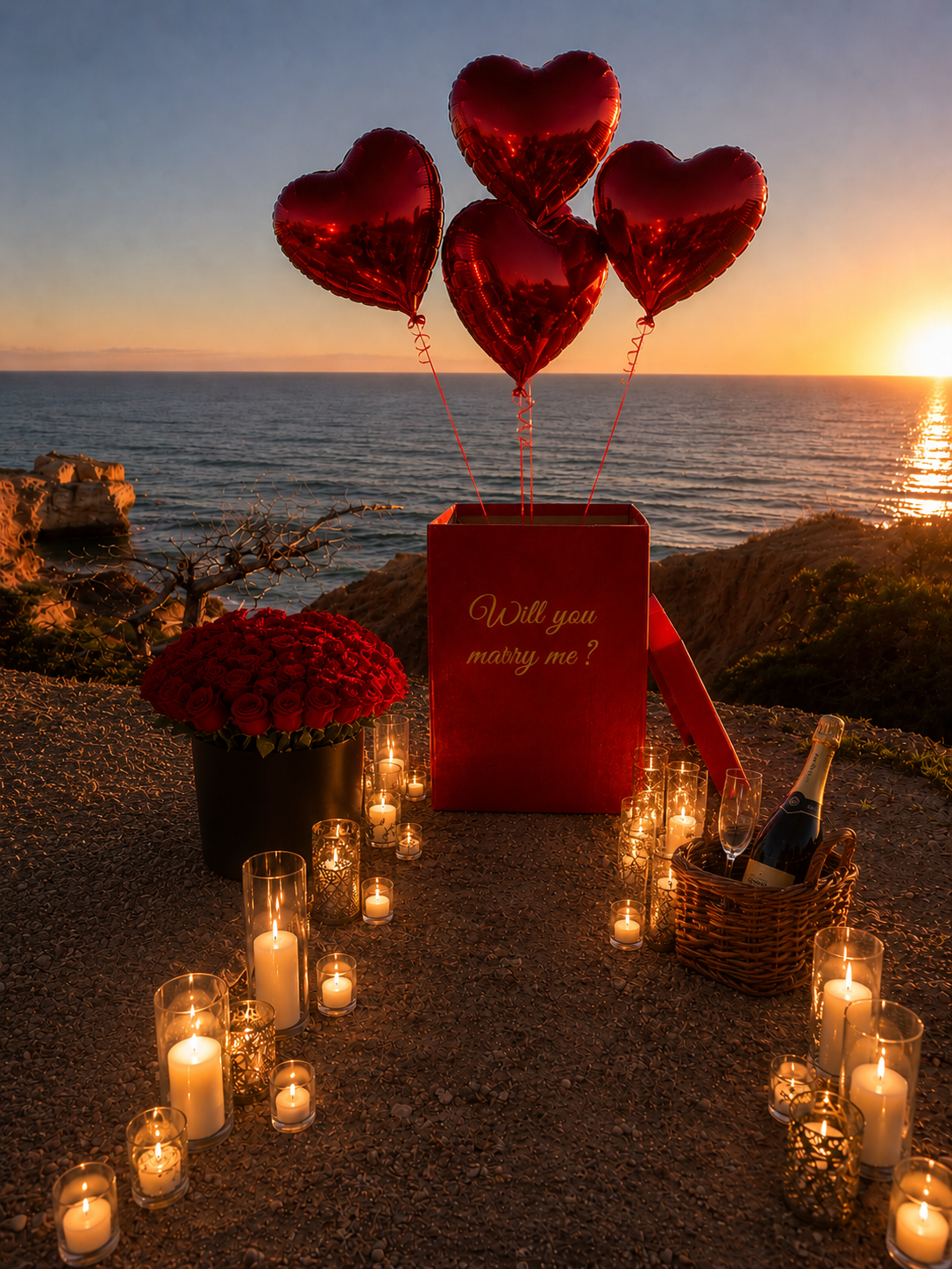 suprise box with red heart baloons