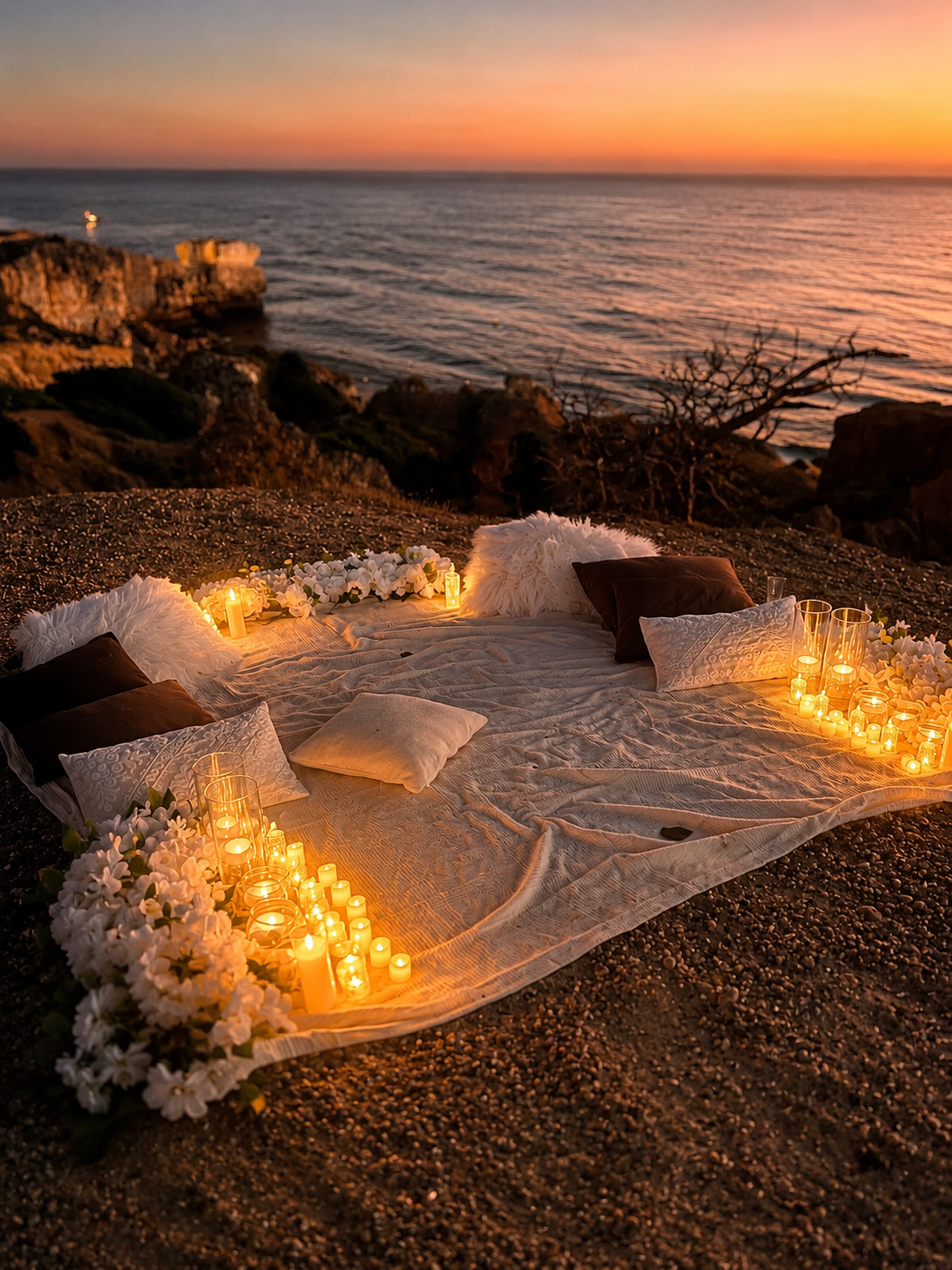 Blanket with pillows and cushions, romantic atmosphere, private setting, candles, marriage proposal.