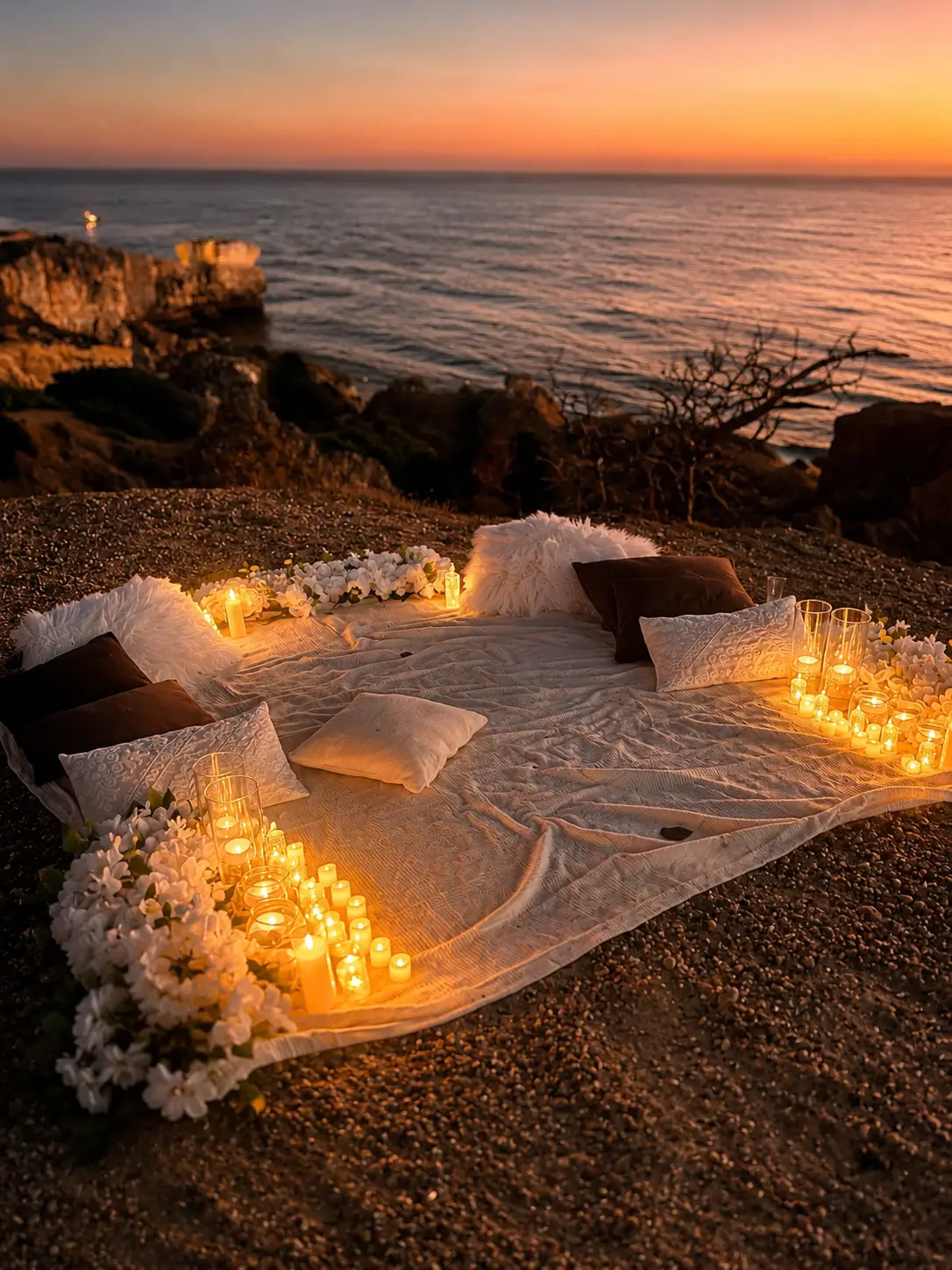 Blanket with pillows and cushions, romantic atmosphere, private setting, candles, marriage proposal.